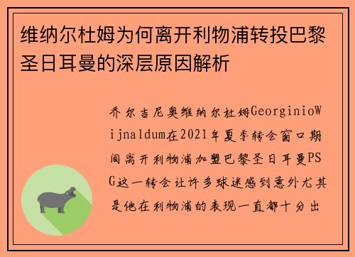 维纳尔杜姆为何离开利物浦转投巴黎圣日耳曼的深层原因解析
